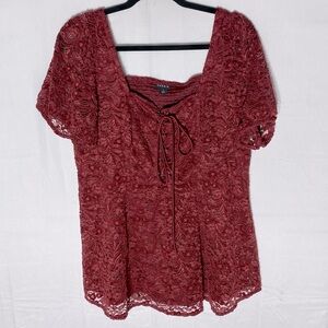 Torrid Burgundy  Lace Top  W Smocked Back & Lace Up Front 1X